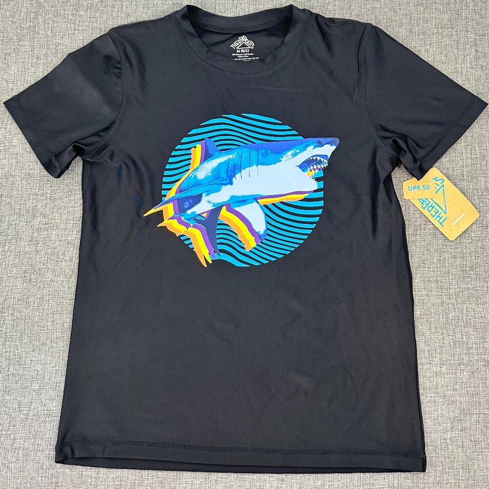NEW! Thereabouts Boys Swimwear Top M 10/12 SPF 50 Black Blue‎ Shark Print $30